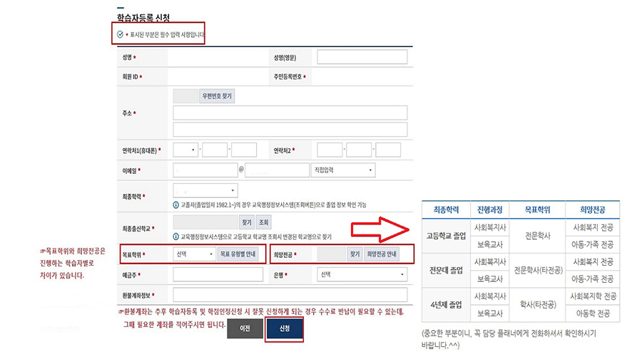 (캡쳐본)학습자 등록 신청 - 필수입력사항 입력 후 목표학위,희망전공 정확히 입력 후 신청 버튼 클릭